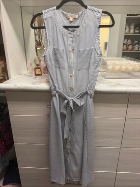 Sleeveless Striped Button-Front Maxi Dress with Waist Tie - Blue/White